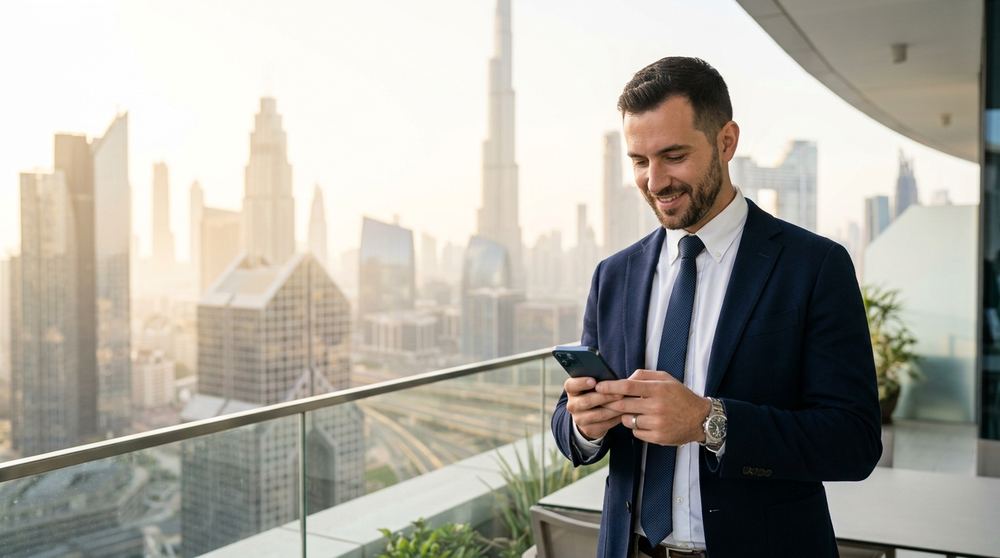 Dubai real estate agent using Property.Expert on a phone with the Dubai skyline behind